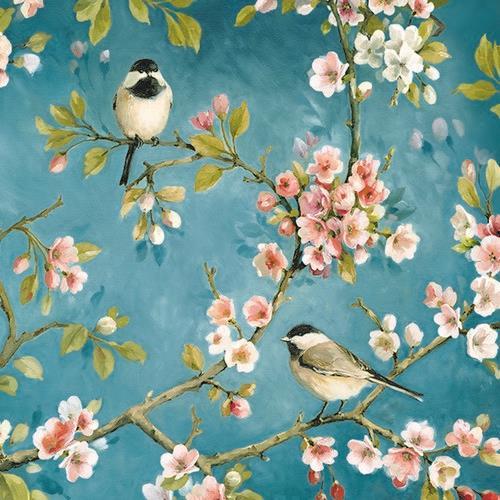 20 Servietten Blossom - Kohlmeisen und Magnolien auf blau 33x33cm