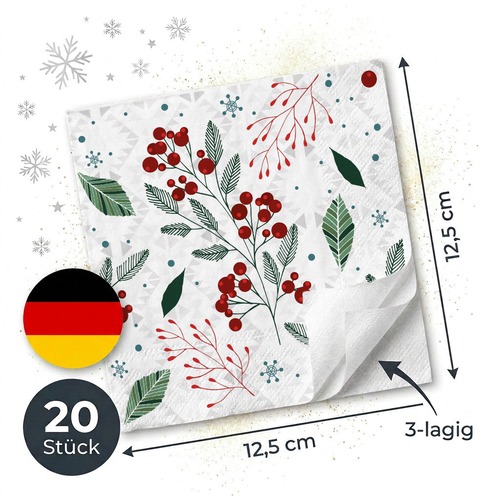 20 kleine Cocktailservietten Festive florals - Natürliche Winter-Elemente 25x25cm
