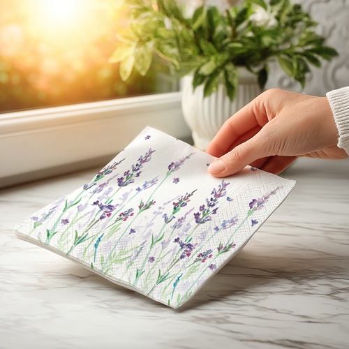20 kleine Cocktailservietten Lavendream - Gemalter Lavendel zur Wiese 25x25cm