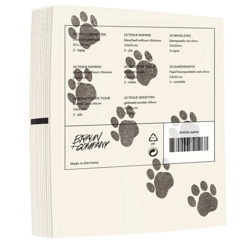 20 Servietten Paws - Schwarze Pfotenabdrücke 33x33cm