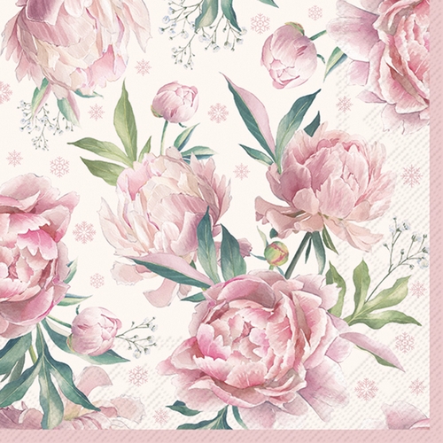 20 Servietten Daphne cream rose - Pfingstrosen auf weiß-rosa 33x33cm