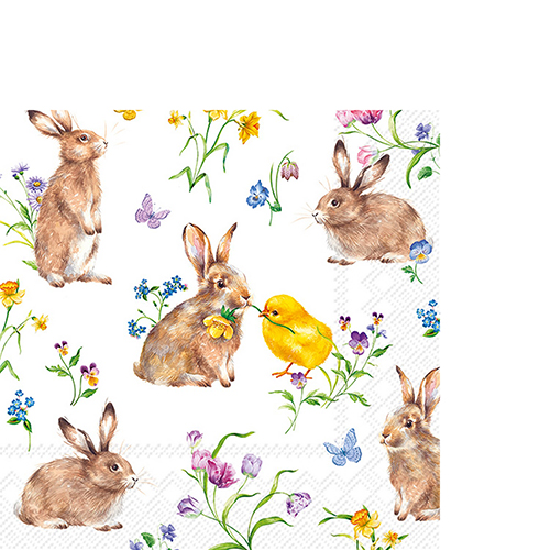 20 kleine Cocktailservietten Easter Friends - Hasen treffen auf Küken weiß 25x25cm