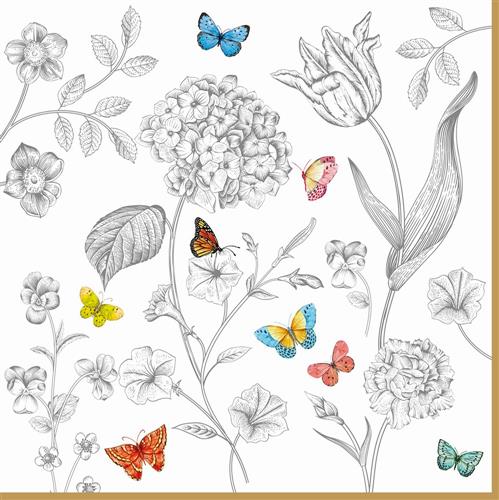 20 Servietten Fleurs et Papillons - Bunte Schmetterlinge an farblosen Blumen 33x33cm