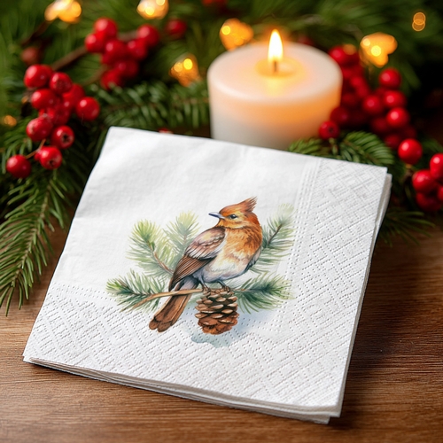 20 kleine Cocktailservietten Winter Wildlife - Vogel auf Ast mit Zapfen 25x25cm