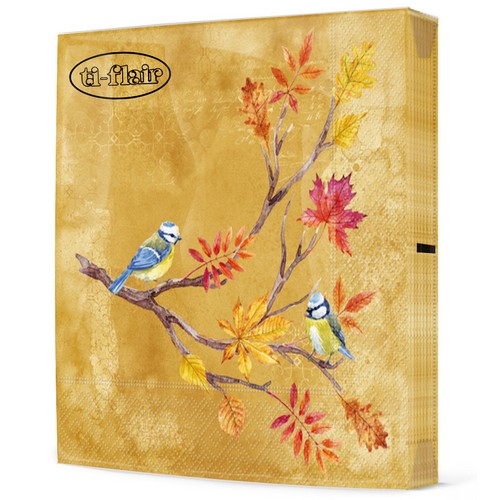 20 Servietten Oiseaux sur Branche de Marronnier - Blaumeisen auf herbstlichem Ast 33x33cm
