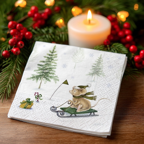 20 kleine Cocktailservietten Winter Snow Fun - Mäuse haben Spaß im Schnee 25x25cm