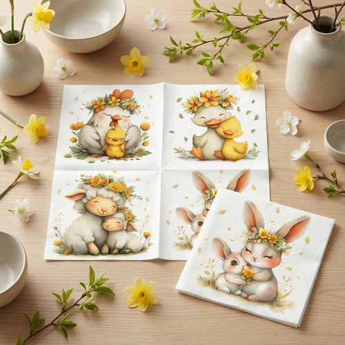 20 Servietten Lovely Spring Families - Fröhliche Frühlingstiere 33x33cm