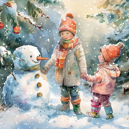 20 Servietten Snowy Forest Friends - Kinder beobachten Schneemann 33x33cm