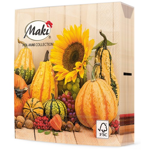 20 Servietten Autumn Pumpkins - Sonnenblume zwischen Kürbisse 33x33cm
