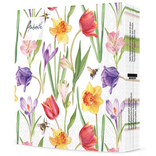 20 Servietten Flowers in Spring - Frühlingsblumen und Bienen 33x33cm