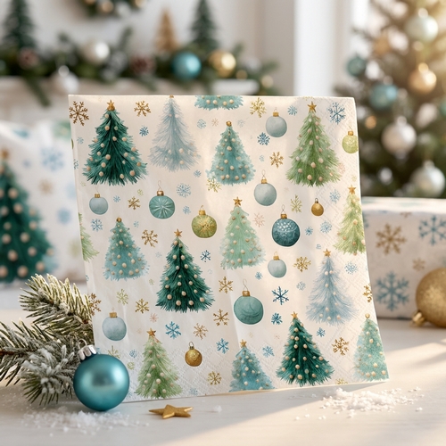 20 Servietten Baubles and Pines - Muster an Tannen und Kugeln 33x33cm