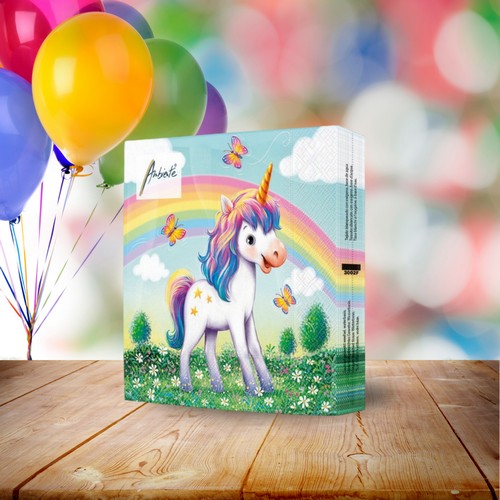 20 Servietten Jolly - Einhorn am bunten Regenbogen 33x33cm
