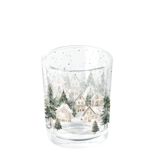 Teelichtglas Snowy Houses - Weiße Winterhäuser im Wald Ø4,5cm, Höhe 7cm