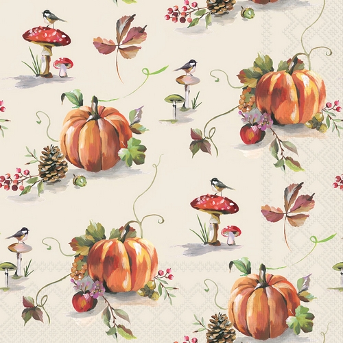 20 Servietten Autumn Splendour - Kürbisse, Pilze und Vögel 33x33cm
