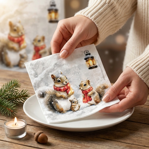 20 Servietten Squirrel Family - Winter-Eichhörnchen an Laterne 33x33cm