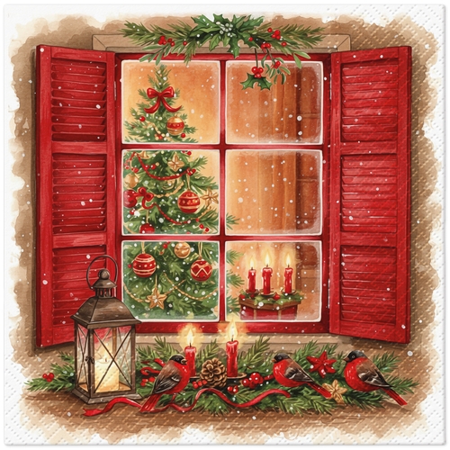 20 Servietten Winter Haven - Winterfenster mit Laterne 33x33cm