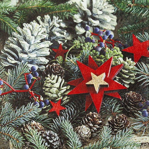 20 Servietten Stars and Pine Cones - Sterne im Zapfenkranz 33x33cm
