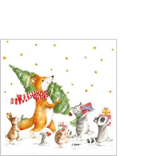 20 kleine Cocktailservietten Let´s get it started - Tiere auf Weihnachtswanderung 25x25cm