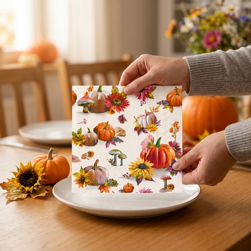 20 Servietten Soft Pumpkin cream - Blumen liegen an Kürbisse 33x33cm
