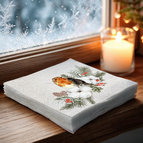 20 kleine Cocktailservietten Robin Forest - Rotkehlchen auf Winterzweig 25x25cm