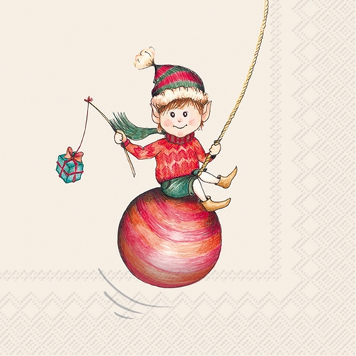 20 Servietten Elvie cream - Elfe schwingt auf Weihnachtskugel 33x33cm