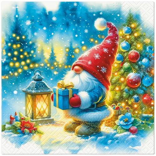 20 Servietten Gnom Christmas Gift - Gnom am Weihnachtsbaum 33x33cm