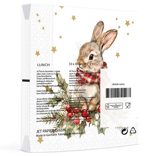 20 Servietten Winter Bunny - Hase mit Winterschal 33x33cm