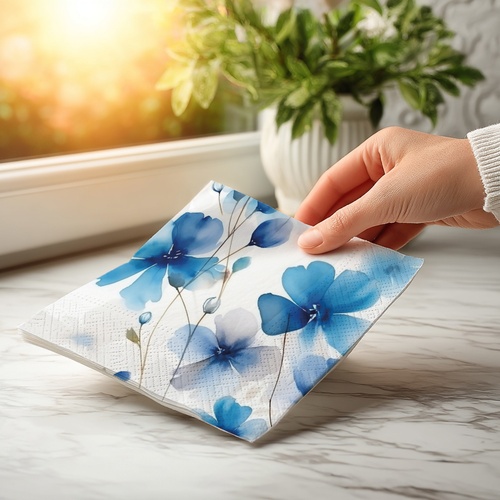 20 kleine Cocktailservietten Everbloom blue - Gemalte blaue Blüten 25x25cm