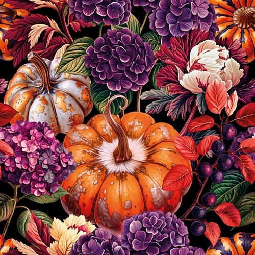20 Servietten Vintage Pumpkins with Purple Hydrangeas - Kürbisse und Hortensien 33x33cm