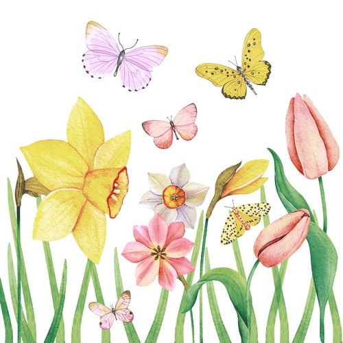20 Servietten Butterfly Meadow - Schmetterlinge an Frühlingsblumen 33x33cm