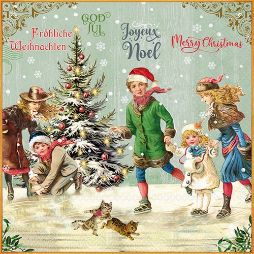 20 Servietten X-Mas on ice green - Nostalgische Weihnachtsfamilie grün 33x33cm