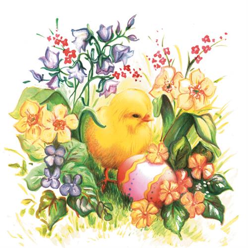 20 Servietten Chicken with Pink Egg - Küken an Blumen und Osterei 33x33cm