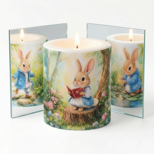 Kerze rund Easter Stories - Hasengeschichten im Wald Ø 8cm, Höhe 9cm