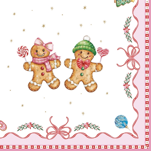 20 Servietten Sweet Christmas - Lebkuchenfiguren an rosa Bordüre 33x33cm