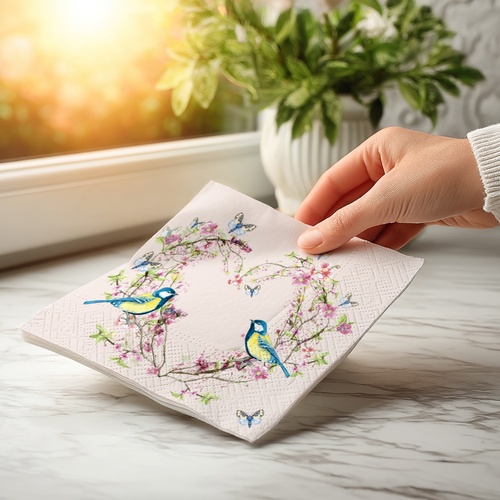 20 kleine Cocktailservietten In Love - Blaumeisen im Blumenherz 25x25cm