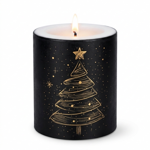 Kerze rund Elegant Xmas Tree black - Eleganter Weihnachtsbaum schwarz gold Ø 8cm, Höhe 8,5cm
