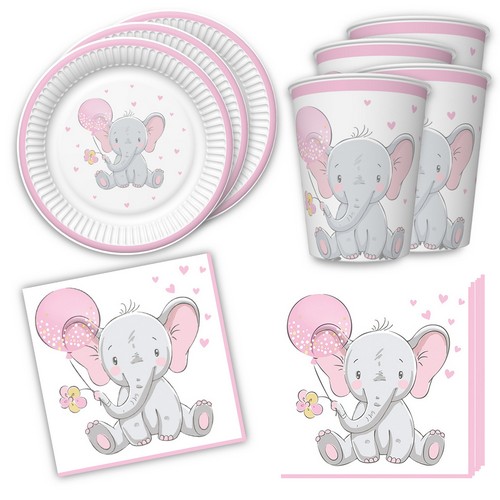 36-teiliges Tischdeko-Set Elephant with pink Ballon - Elefant mit Ballon rosa auf Teller, Becher und Servietten