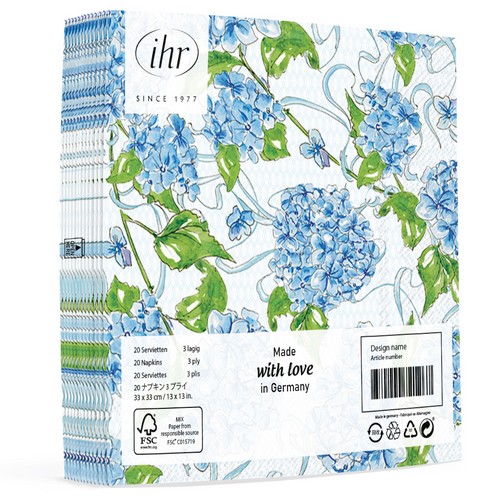20 Servietten Hydrangea Allover - Blaue Hortensien mit Blätter 33x33cm