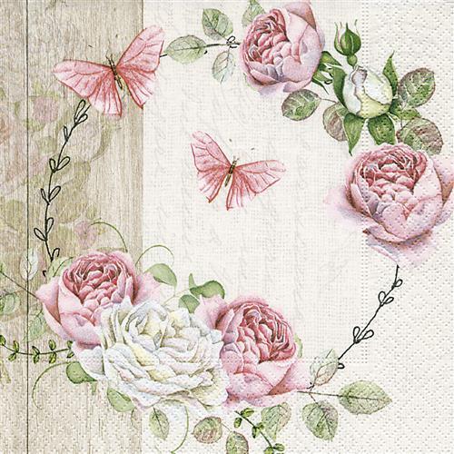 20 Servietten Roundel of Roses - Schmetterlinge im Rosenkranz 33x33cm
