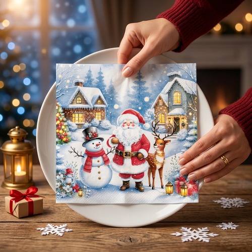 20 Servietten Cozy Winter Scene with Santa - Santa mit Schneemann und Rentier 33x33cm