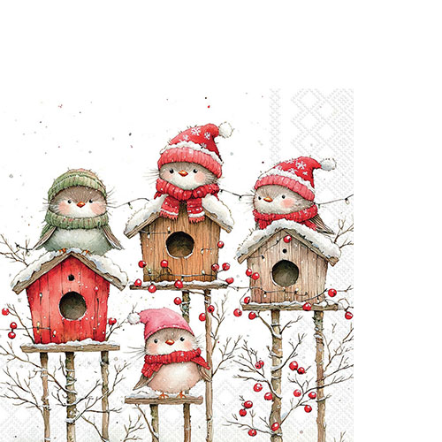 20 kleine Cocktailservietten Birdhouse quartet white - Lustige Wintervögel auf Vogelhäuser 25x25cm
