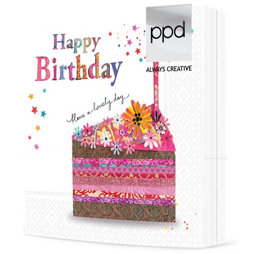 20 Servietten Happy Day - Geburtstagskuchen mit Kerze 33x33cm