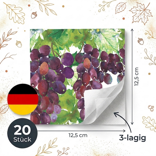 20 kleine Cocktailservietten Vineyard Elegance - Schön gemalte Weintrauben 25x25cm