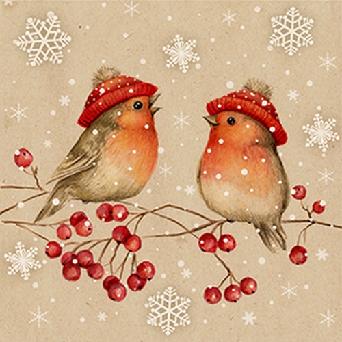 20 Servietten aus Recycling-Papier Birdie Talk - Rotkehlchen mit Wintermützen 33x33cm