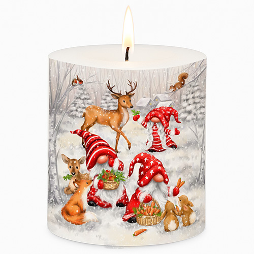 Kerze rund Lustige Gnome füttern Tiere Ø 8cm, Höhe 8,5cm