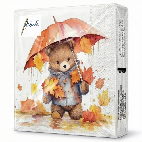 20 Servietten Umbrella Bear - Teddybär unter Schirm im Herbst 33x33cm
