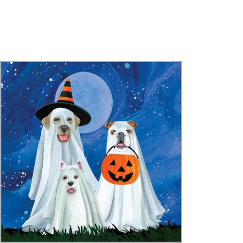 20 kleine Cocktailservietten Trick or Dog Treat - Halloween-Hunde als Gespenster 25x25cm