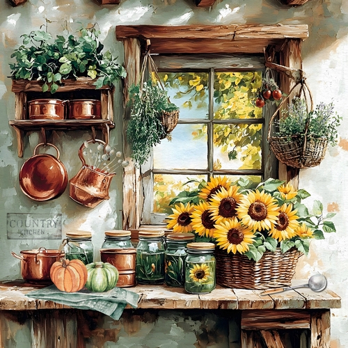 20 Servietten Rustic Country Kitchen - Sonnenblumen in rustikaler Küche 33x33cm