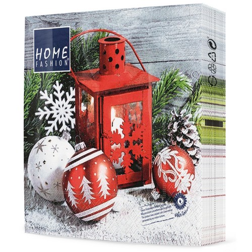 20 Servietten Cabin Charm - Laterne mit Weihnachtskugeln 33x33cm