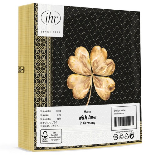 20 Servietten Golden Cloverleaf - Goldenes Kleeblatt auf schwarz  33x33cm